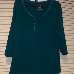 Teal Top with 3/4 Sleeves and Satin Trim